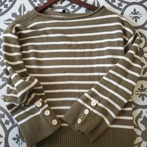 Talbots Khaki and White Striped Crew Neck Sweater